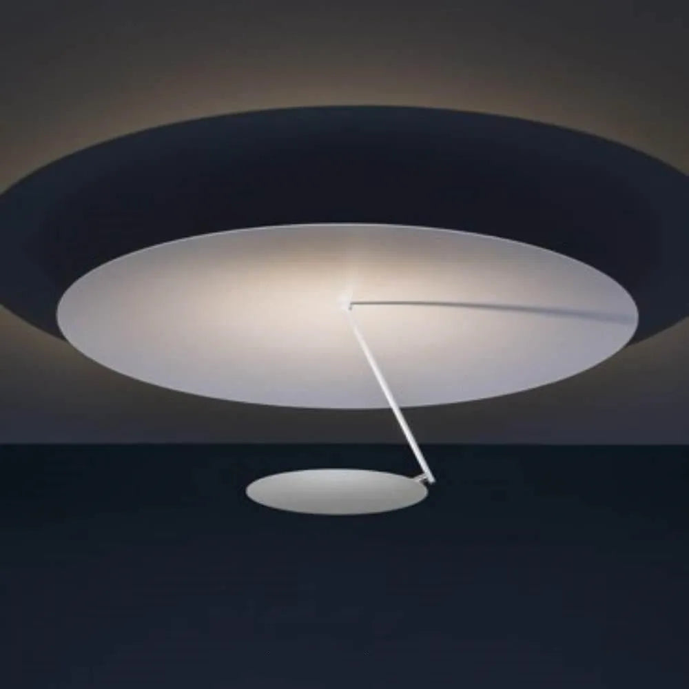 50cm round white iron ceiling lamp with integrated warm LED lights mounted on a white ceiling.
