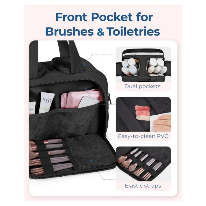 Open large travel toiletry bag in polyester showing wide opening and modern style.