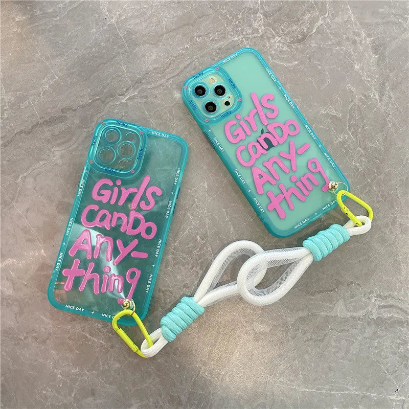 Graffiti hand-painted TPU iPhone case with lanyard in mint green, blue-haired girl, or green crocodile design