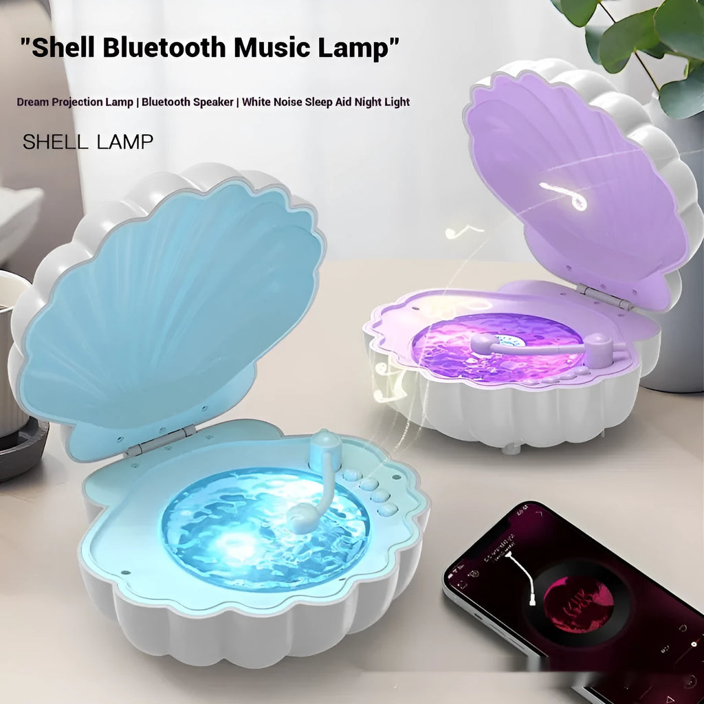 Retro vinyl record player shell design lamp with speaker grille and LED light in blue colour.