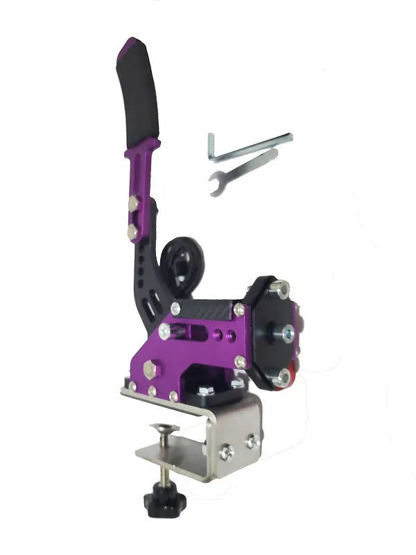 USB handbrake for PC racing simulators with metal lever and universal mounting clamp.
