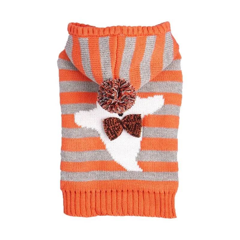 Orange Halloween knitted pet sweater with striped pattern and hooded design featuring fur ball decoration