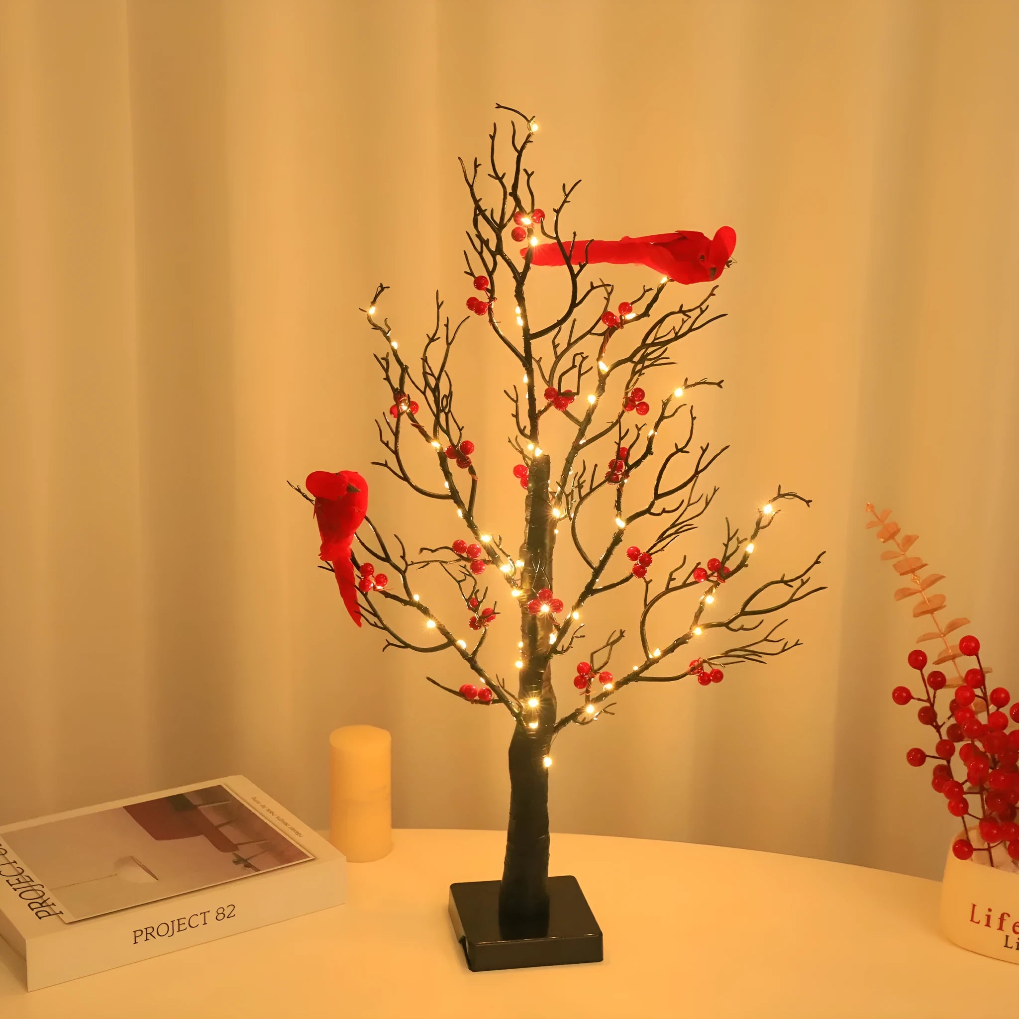 Luminous red bird winding tree lamp with 60 lights and 53CM plastic body for indoor decorative use