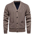 Striped men's cardigan sweater with long sleeves and wool lining in brown colour