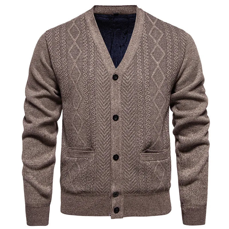Striped men's cardigan sweater with long sleeves and wool lining in brown colour