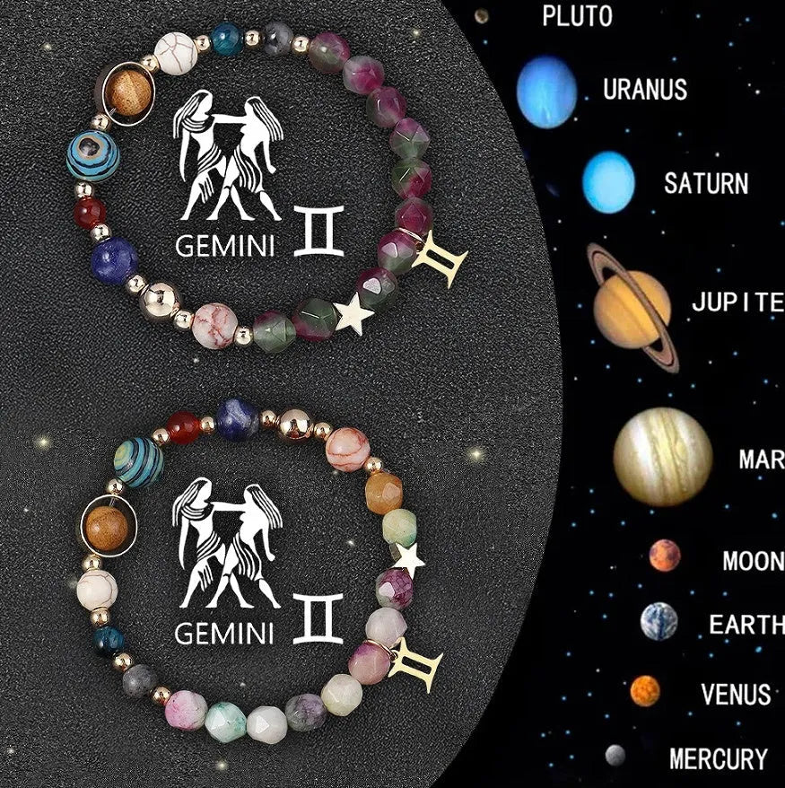 Two natural stone beaded bracelets with zodiac sign charms, showing the set of twelve astrological styles.