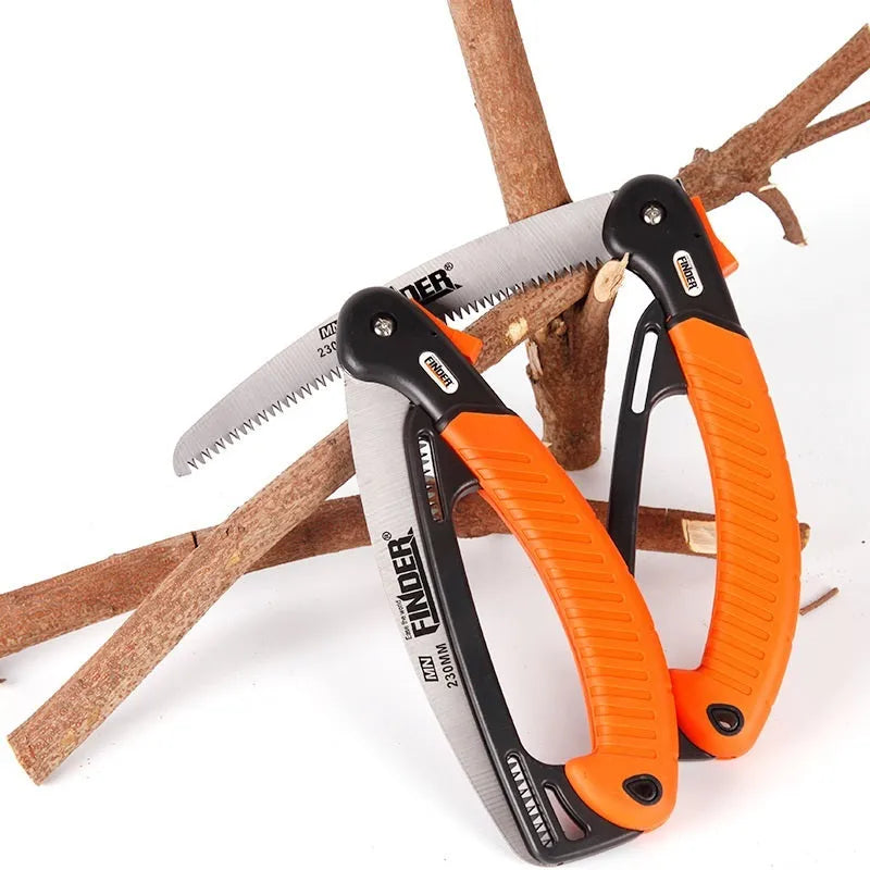 A folding garden saw with a black TPR handle and a metallic 230mm saw blade, shown both open and closed.