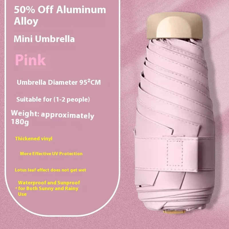 Closed five-fold sun umbrella with gradient vinyl lamination and alloy frame, shown in beige colour.