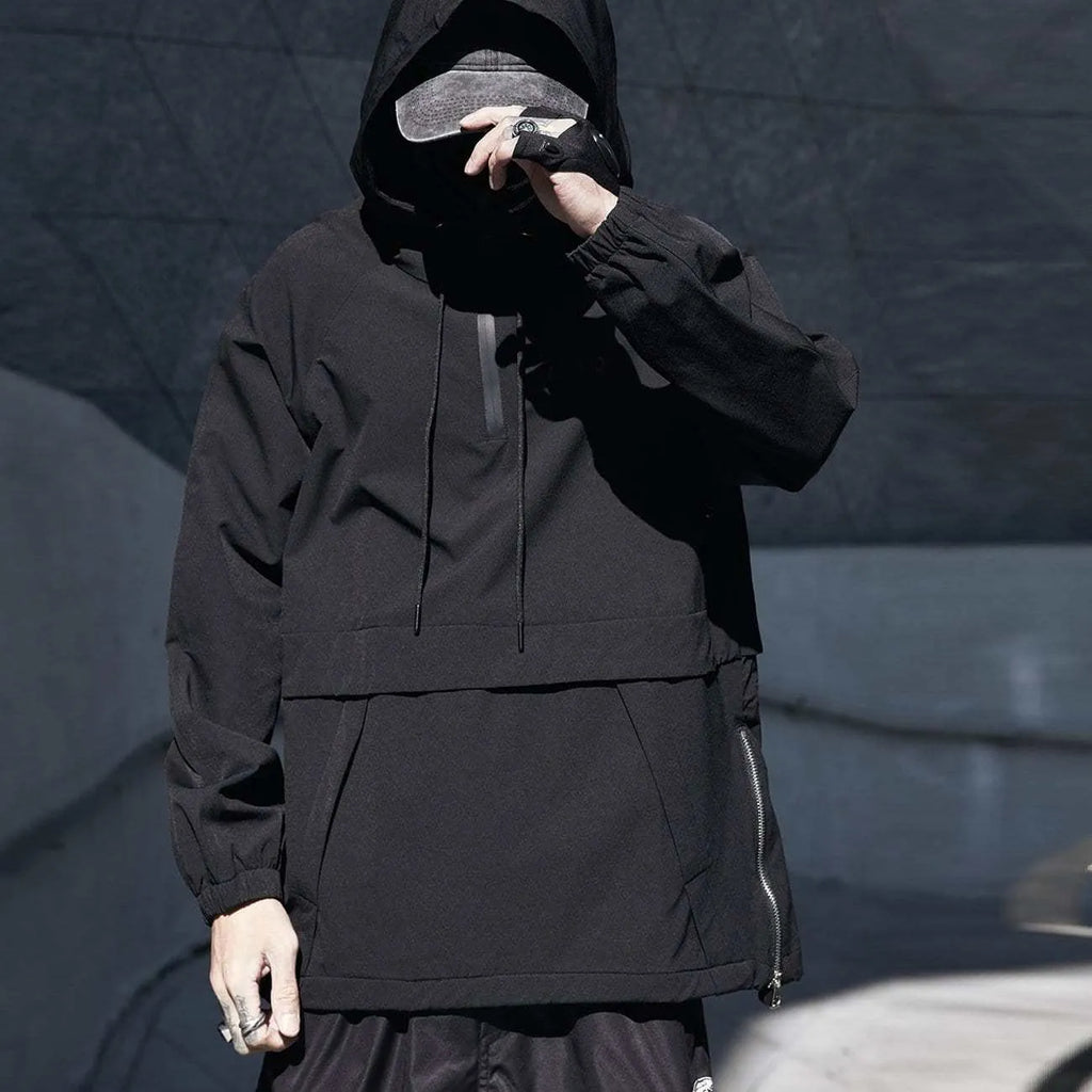Men's black hooded zip-up thin coat, loose fit, sizes M to 2XL, external wear outer layer