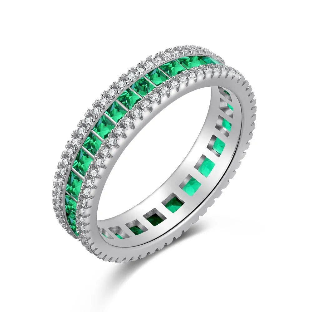 S925 sterling silver emerald zircon ring for women with adjustable open band and geometric round, oval and square grain design