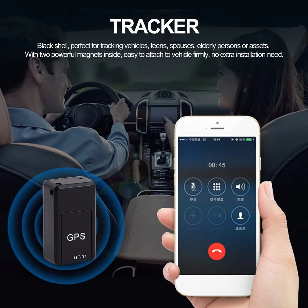 Small black magnetic GPS tracker device with USB cable for real-time vehicle and asset location tracking.