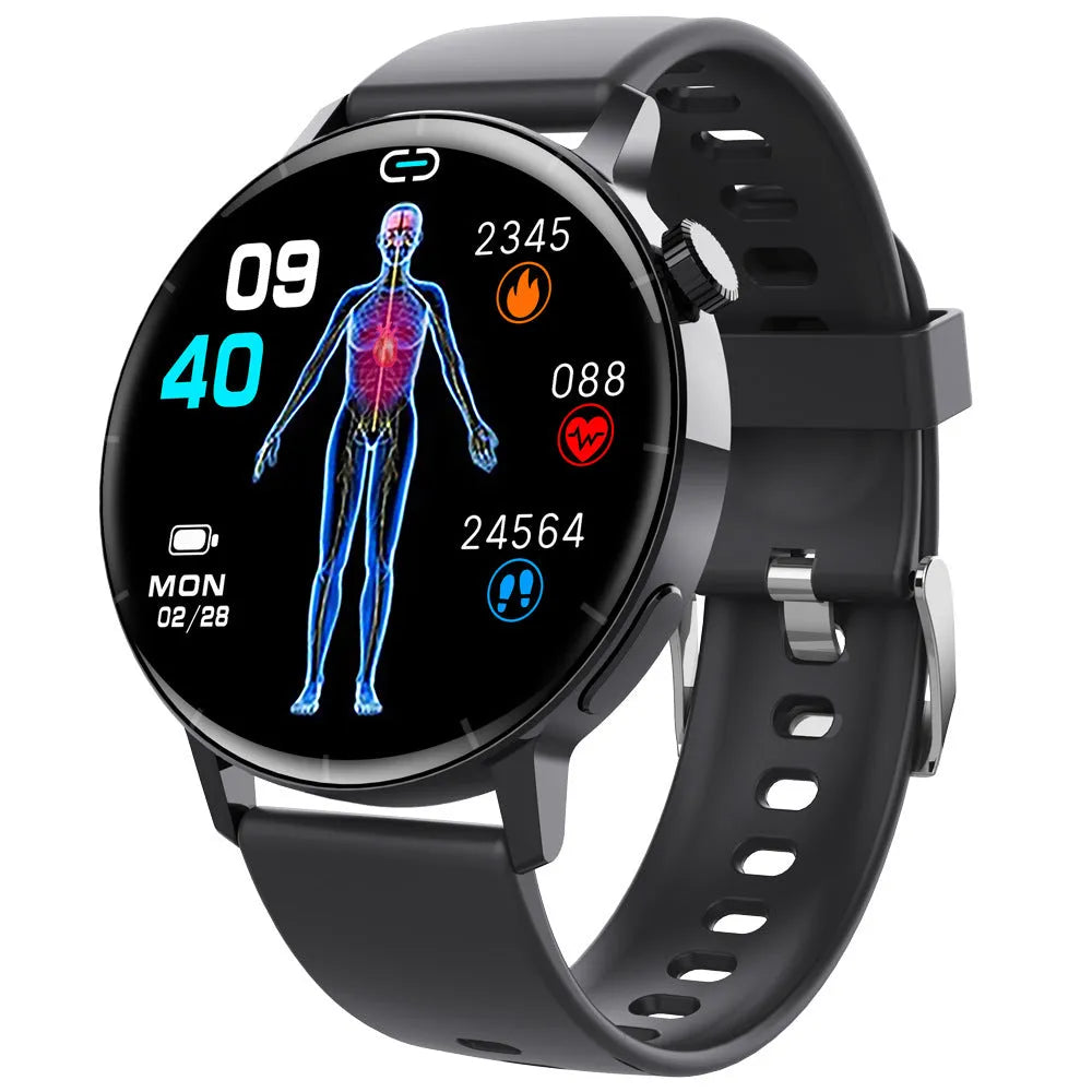 F67S smart watch with red light blood oxygen and glucose monitoring in black leather strap