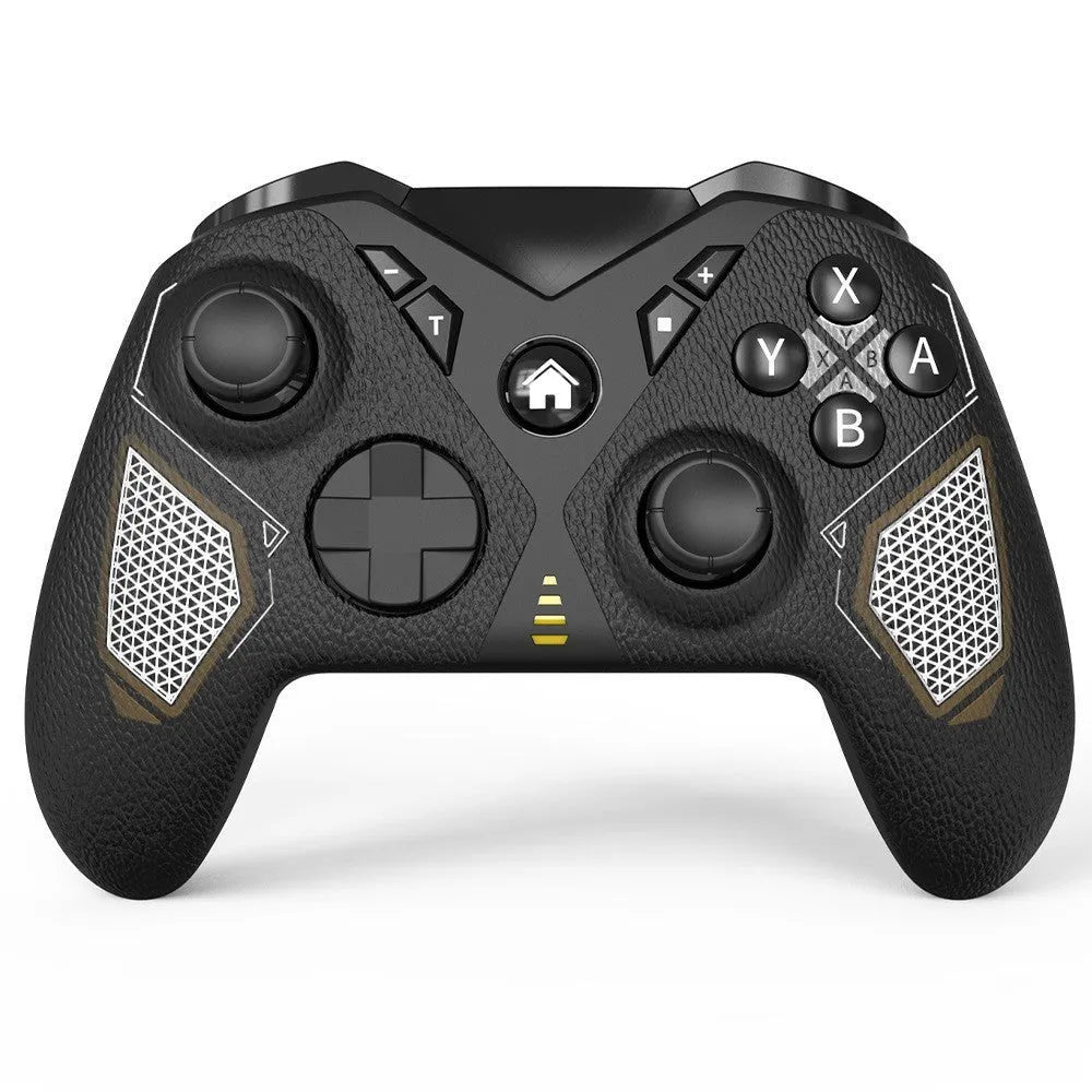 Black wireless game controller with leather-texture grips on ABS plastic shell, showing type-C port.