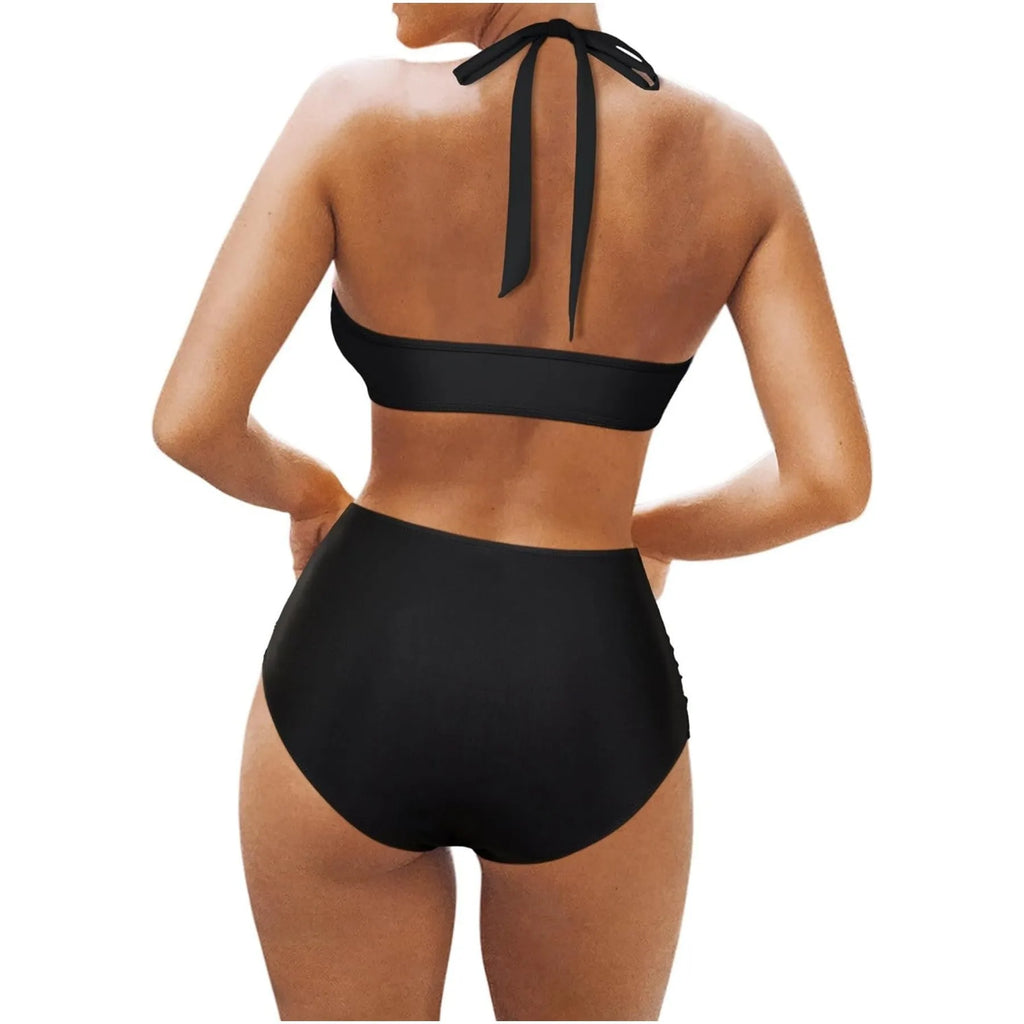 Women's black polyester bikini set with halter neck top and briefs on a mannequin.