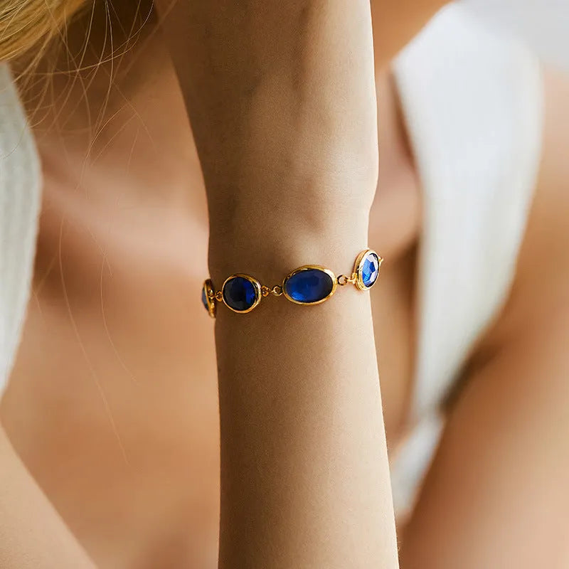 18K copper women's bracelet with elliptical geometry and blue green multicolor glass inlay