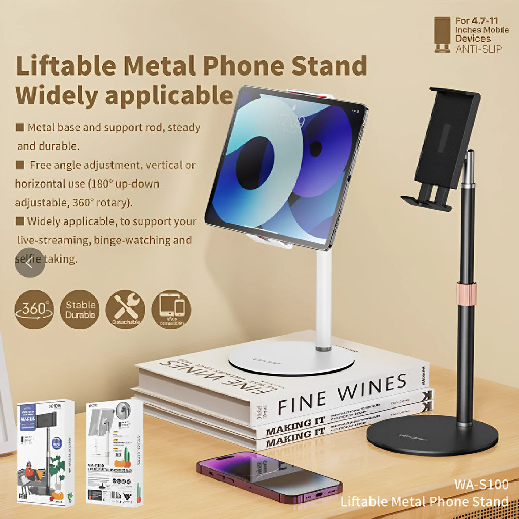 Metal tablet mounting bracket with telescopic arm extended, showing black finish
