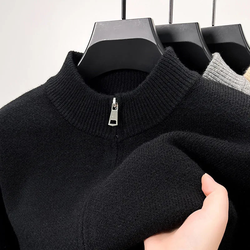 Men's thick stand collar knitted cardigan with zipper front in loose fit showing black, grey and beige colour options