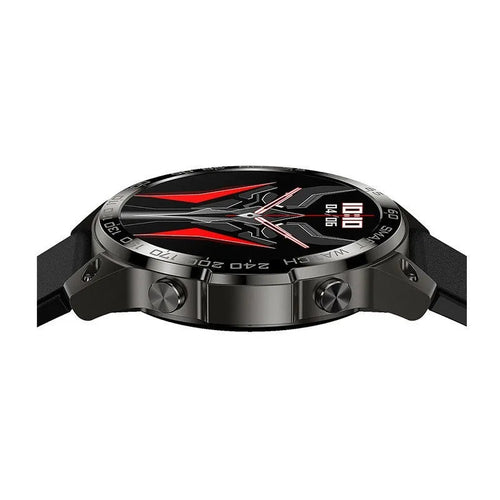 Bluetooth sports watch with round AMOLED screen and silicone strap in black colour