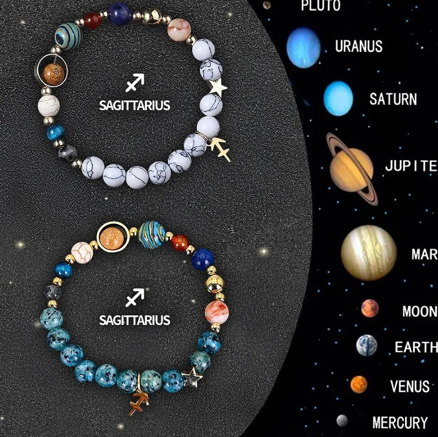 Two natural stone beaded bracelets with zodiac sign designs and adjustable string closures