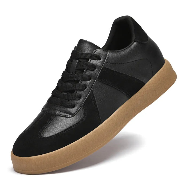 Men's retro colour-matching casual sneakers, two-layer cowhide leather upper, black colourway