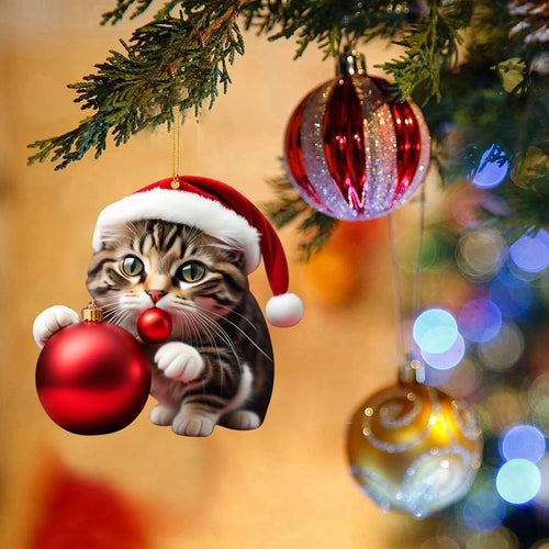 Colourful cartoon kitty car hanging ornament made of clear acrylic for Christmas interior decoration.