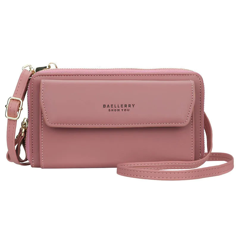 Soft PU leather ladies long wallet with double zipper in six colour options showing horizontal square shape