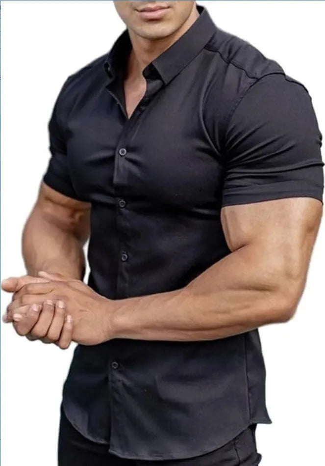 Men's short sleeve printed casual shirt with collar in cardigan style showing colour options