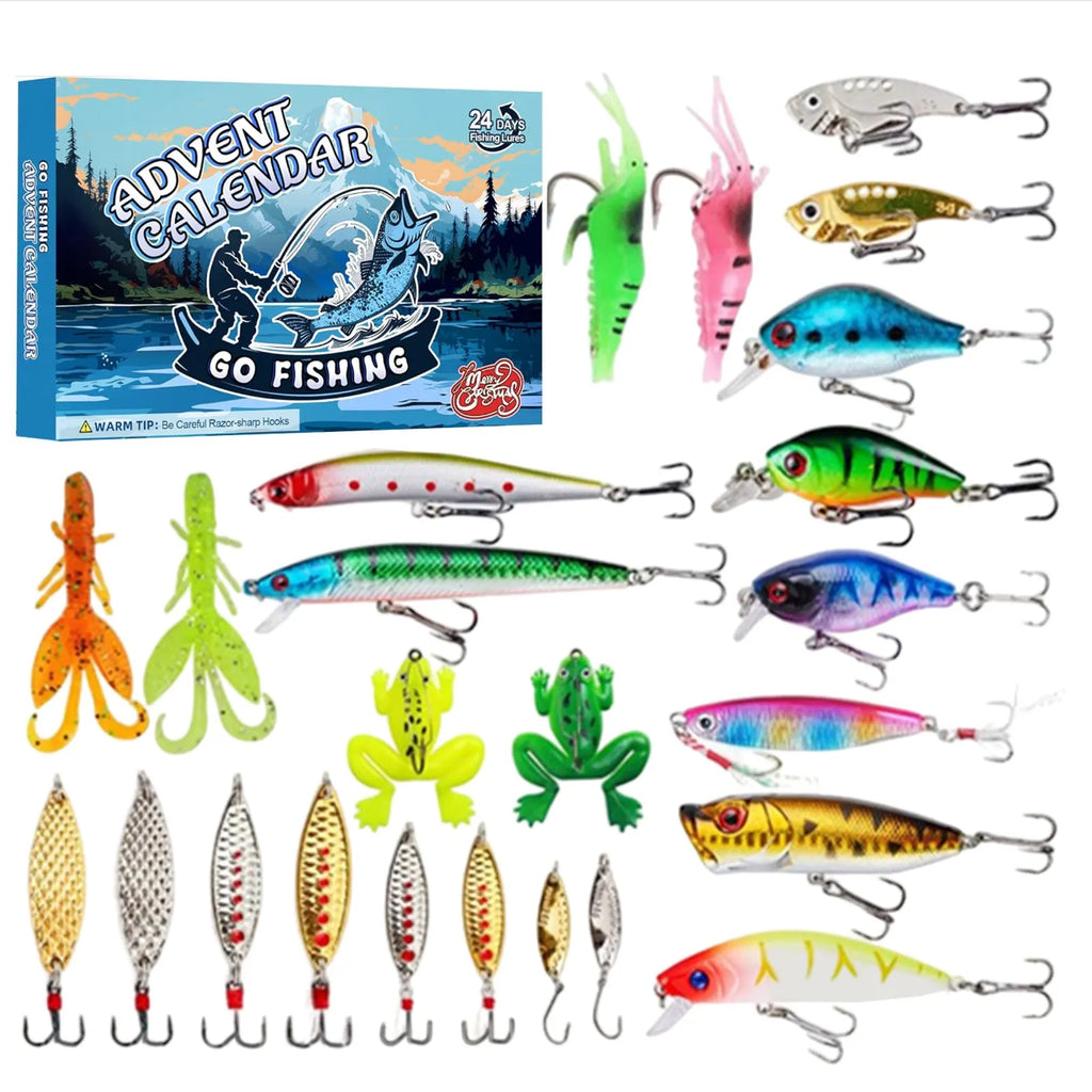 Christmas advent calendar fishing gear set 14x9x1.5 inches on a table