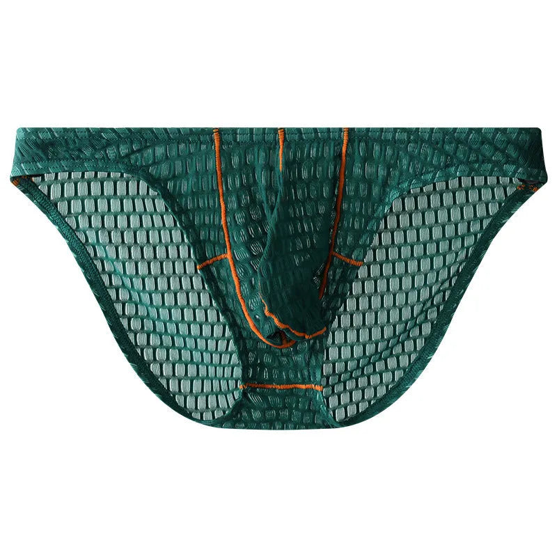 Men's ice silk lace briefs with low waist design in white, black, green, rose red, and light purple colours