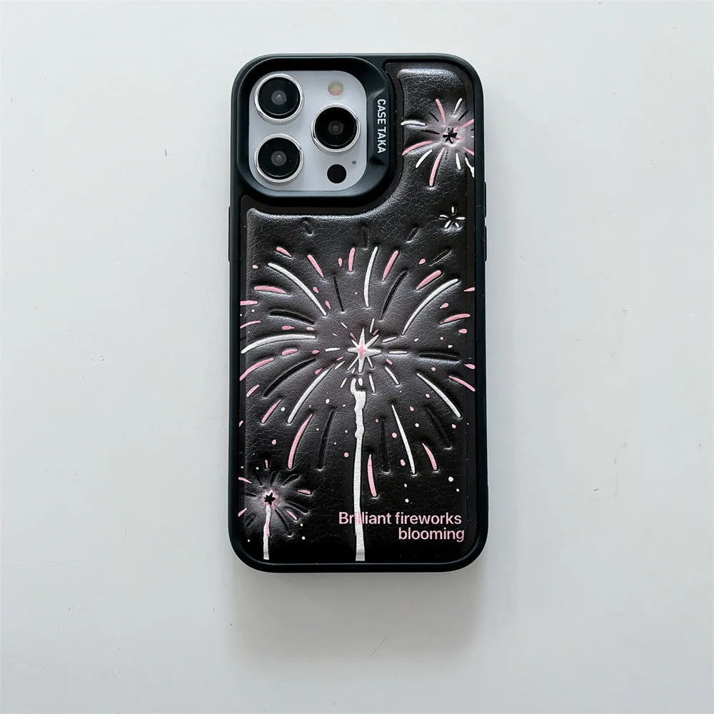 Leather embossed TPU phone case for iPhone 12-15 with colourful fireworks design, transparent back, and precise cutouts