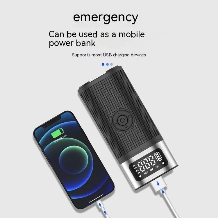 Black portable wireless vehicle air pump with metal construction and 15cm inflation tube including multiple nozzle attachments