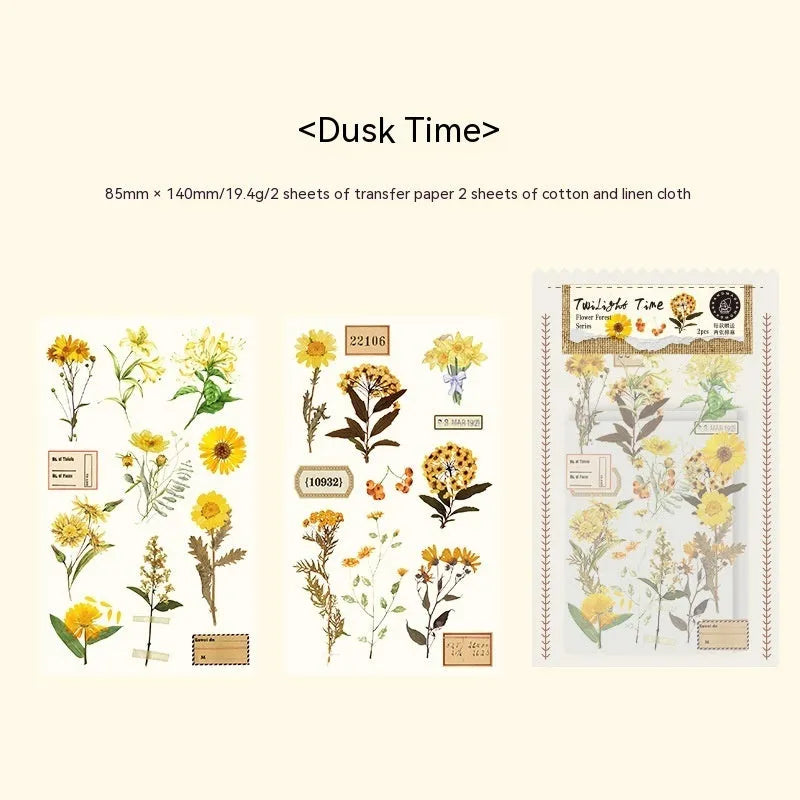 Huazhisen Series sticker pack showing forest label designs on transfer paper and cotton linen sheets