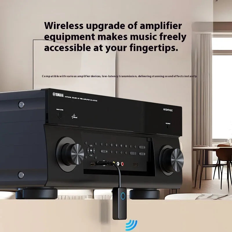 Black Bluetooth 5.4 audio adapter with a 3.5mm plug for wireless streaming to speakers and headphones.