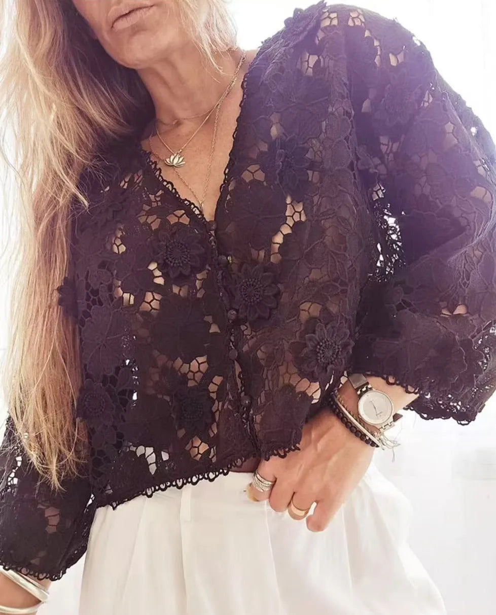 Women's loose fit lace cardigan with three-dimensional flower embroidery in black colour option