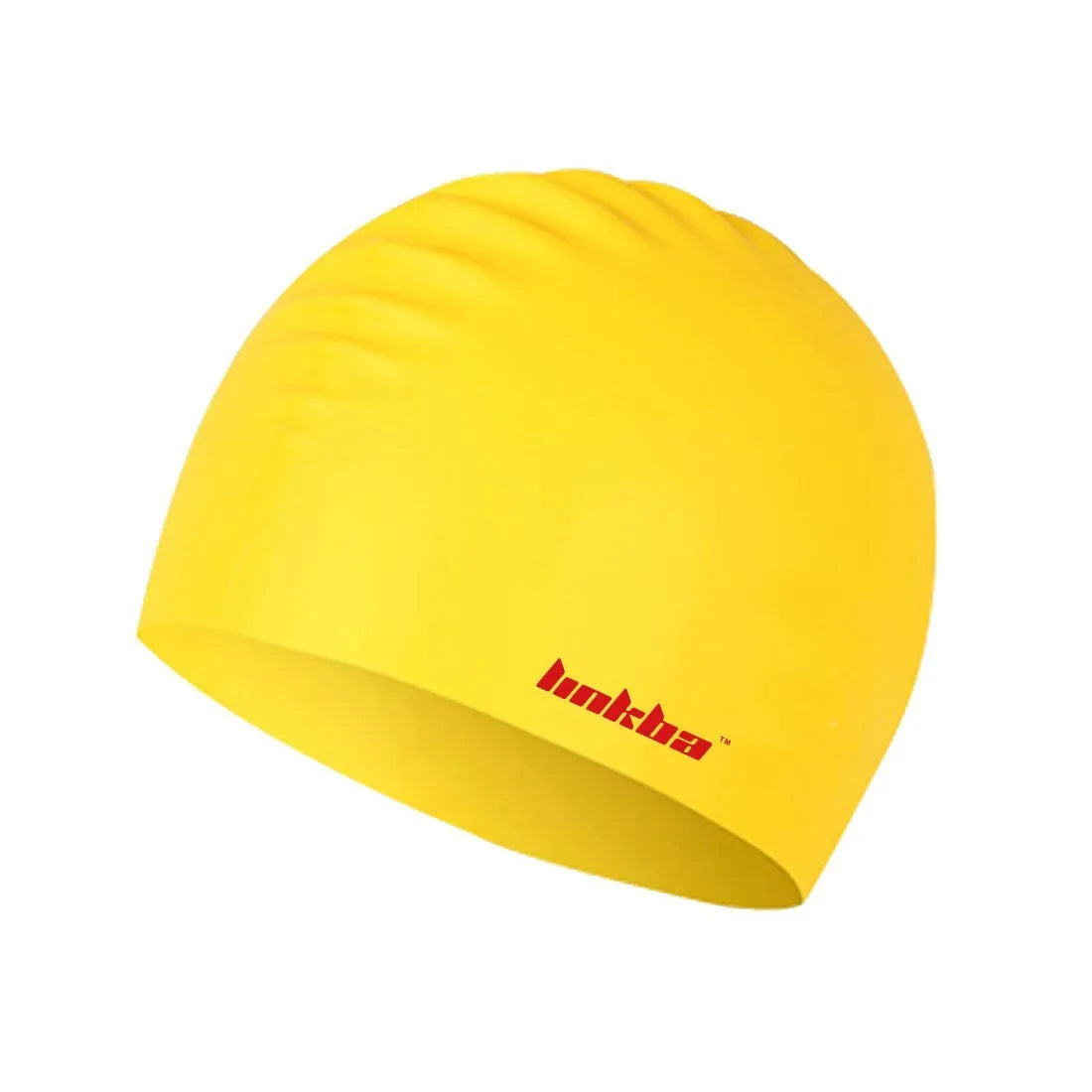 Silicone swimming cap with earmuffs in letter pattern design showing colour options