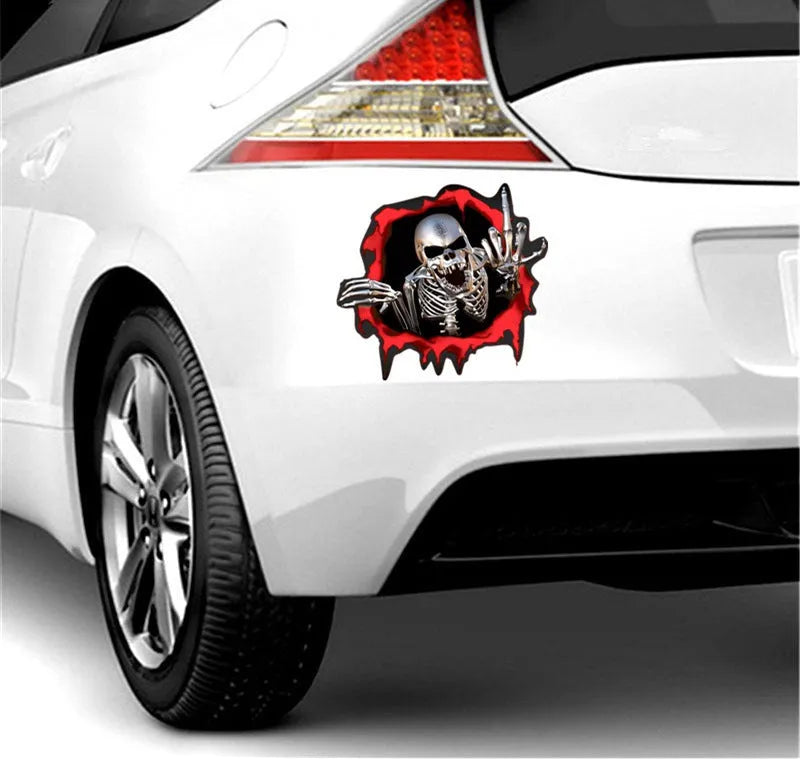 Reflective car bumper sticker with metal skull design and colourful broken shell pattern measuring 15x14cm