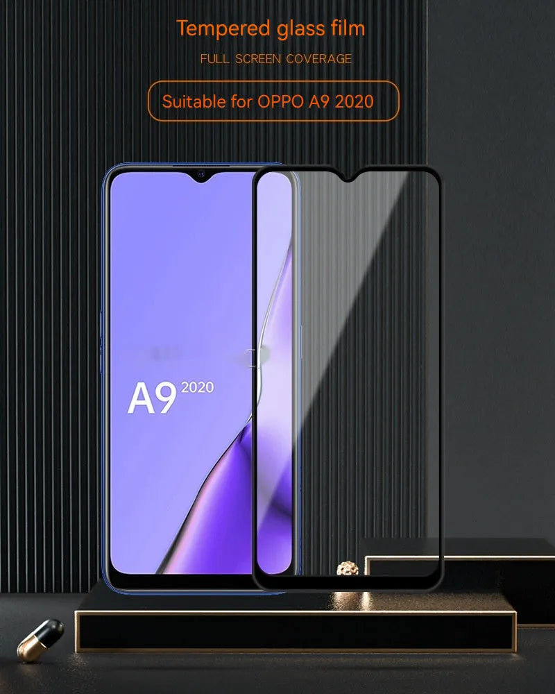 Full screen tempered glass protector for OPPO A9 2020 smartphone showing black edge and full coverage design