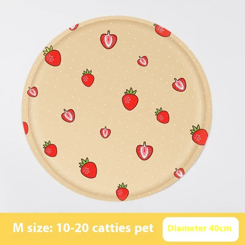 Round pet cooling mat with cartoon dog design, gel-filled for summer heat relief.