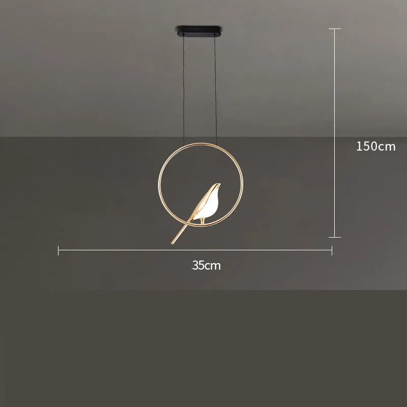 Tall, linear modern magpie bird chandelier with zinc alloy frame and acrylic details, hanging at 150cm.