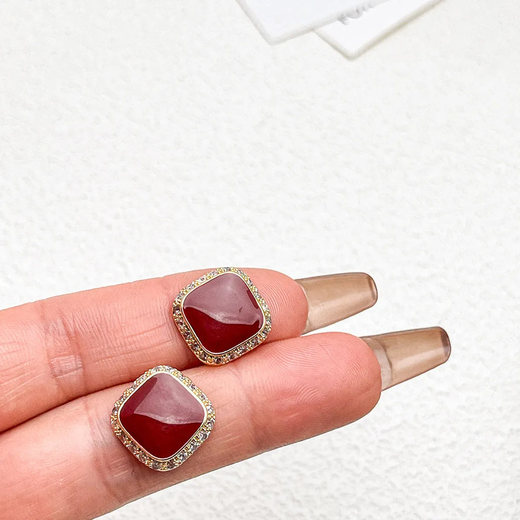 Red alloy earrings with square geometric inlaid design, retro style jewellery for women