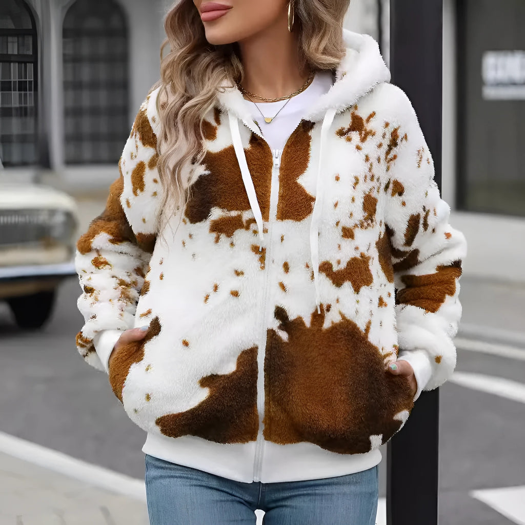 Yellow brown cow animal pattern hooded cardigan jacket with zip front and regular sleeves
