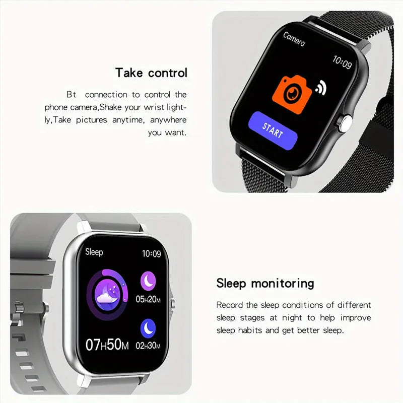 Smart watch with 1.44-inch touch screen displaying time, featuring a silicone wrist strap.