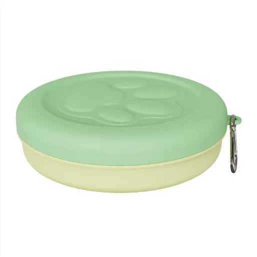 Portable outdoor dog food and water bowl with snack compartment in light green and pink colour options