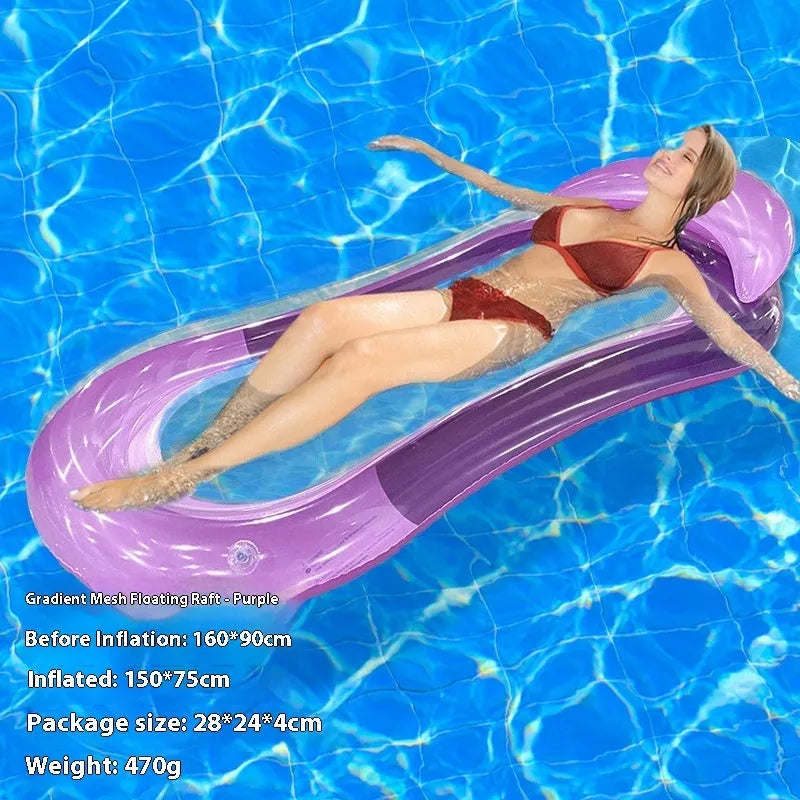 PVC inflatable floating row pool lounger in a mesh deck chair design with bright gradient colour wave.