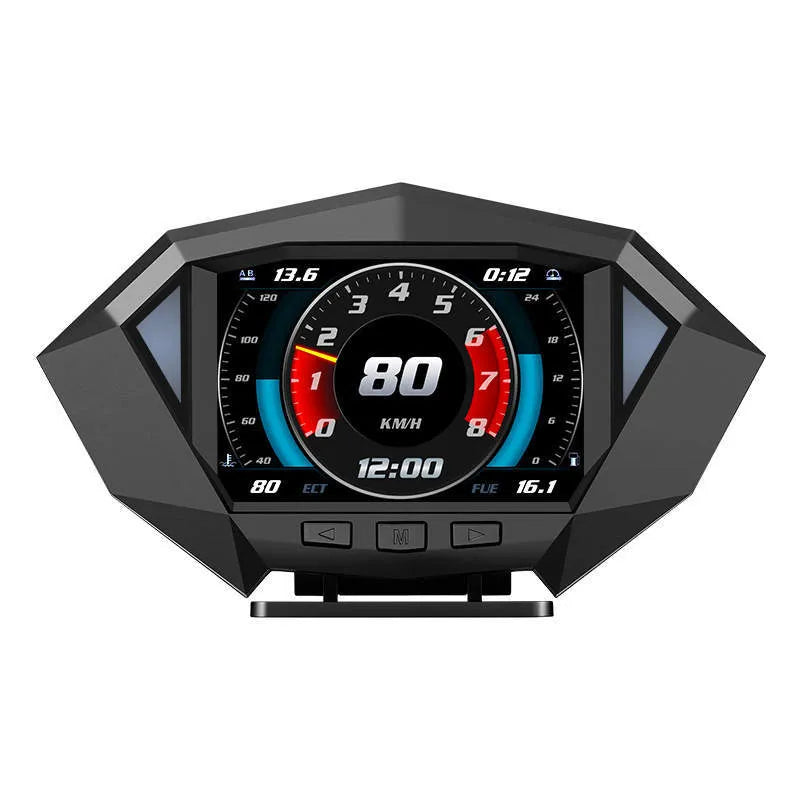 P1 black vehicle HUD head-up display unit with LCD screen, shown with OBD cable and anti-slip pad.