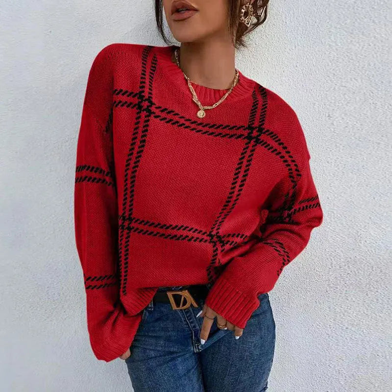 Women's casual crew neck sweater with plaid colour-block pattern in apricot, black, beige, red and green stripes