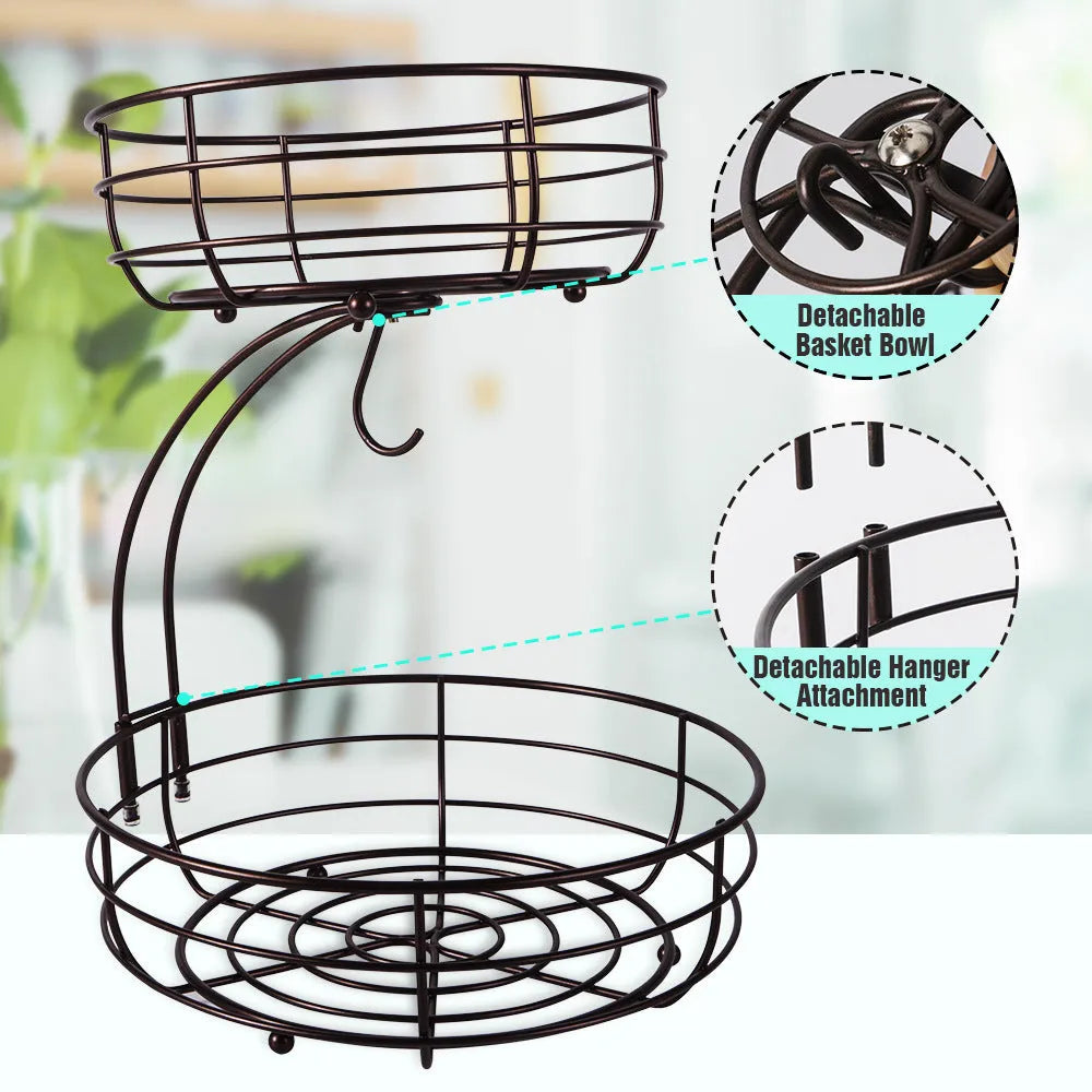 Double-layer wrought iron fruit basket in black or gold for restaurant and kitchen storage