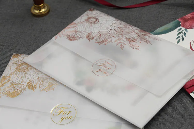 Sulfuric acid paper invitation cards with bronzing matte varnish in gold and rose gold colours
