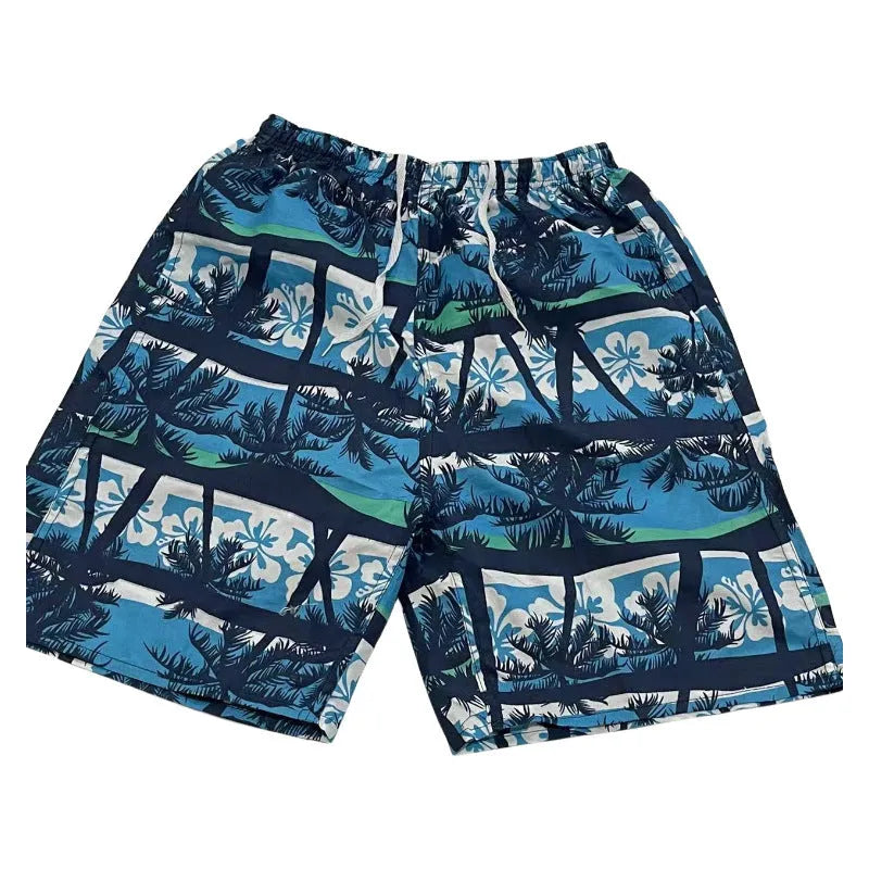 Men's floral printed swimming trunks in polyester with five-point design for beach and pool use