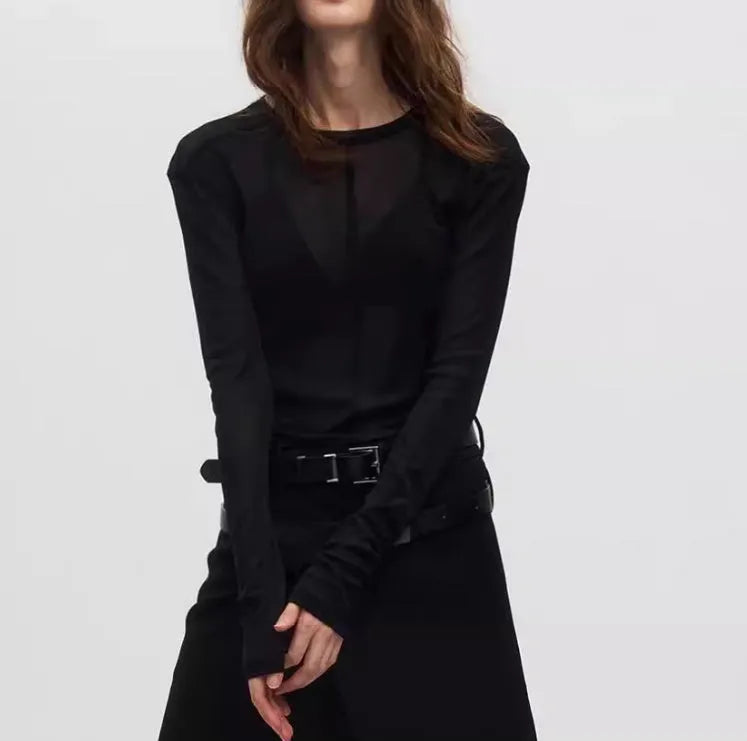 Black slim-fit PU mesh pullover with see-through texture and long sleeves